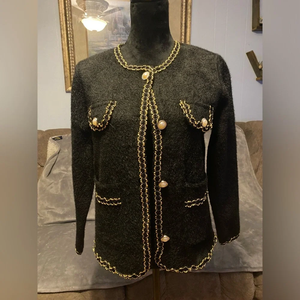 Snowflake brand women’s black cardigan Sz S/M pearl and gold buttons sweater